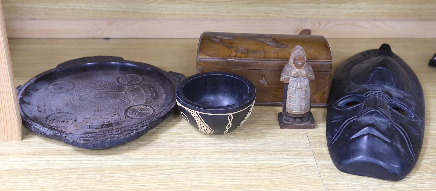 A Chinese carved wood circular tray, an oak dome-topped box and three other items